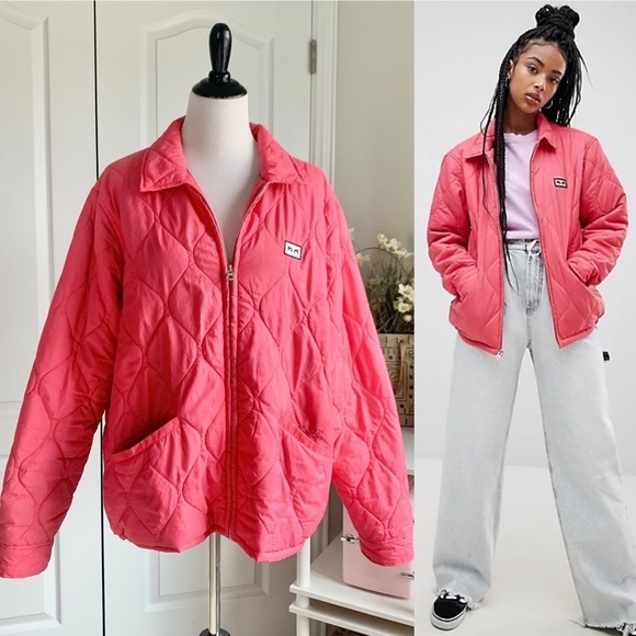 Obey quilted liner jacket with front logo in Coral Pink - Picture 1 of 14